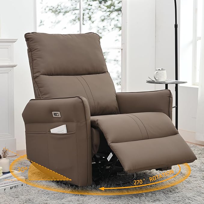 Power Swivel Rocker Recliner Chair for Nursery Upholstered 270° Swivel Glider Rocker Chair with USB Ports Small Power Recliners for Small Spaces Living Room (Brown)