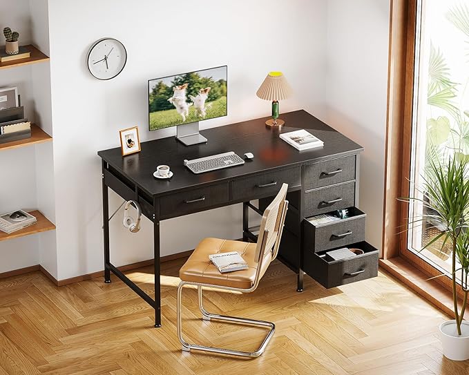 ODK Computer Desk with 6 Drawers 40 Inch Small Desk with Storage Reversible Desk with Headphone Hook for Home Office Work Study Table for Bedroom Black