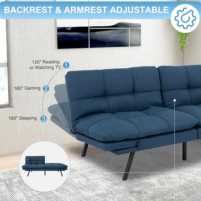 MUUEGM Futon Sofa Bed Couch Sofa Memory Foam Futon Sleeper Sofa Loveseat Convertible Couch Bed for Small Compact Spaces Apartment Blue.