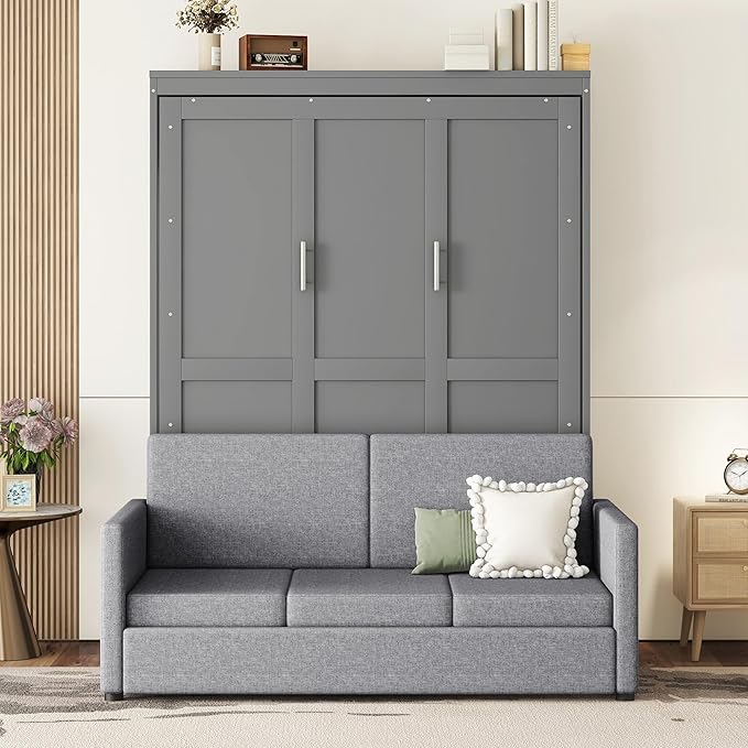 Linique Queen Size Murphy Bed with Sofa and Top Shelf Horizontal Wall Bed Versatile Convertible Wooden Bed Frame Grey 87x66.8