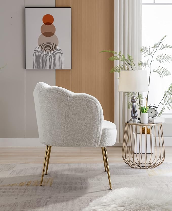 Shell Shape Teddy Fabric Armchair Accent Chair with Gold Legs for Living Room BedroomCreme White