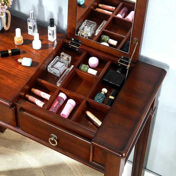 LEEMTORIG 31.5 Solid Wood Small Vanity Desk with Flip-top Mirror Compact Wooden Writing Desk with Drawers 3 in 1 Secretary Desk/Dressing Table/Nightstand for Small Space Cherry Walnut SZT-D0036