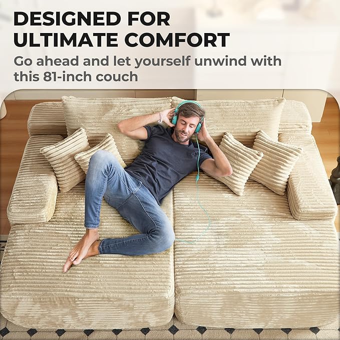 Oversized Chaise Lounge Sofa Indoor - 80 Cloud Sectional Couch Sofa BedLuxury Deep Seat Plush Corduroy Lounge Chair Sleeper Sofa for Living Room Bedroom (Beige2PCS)