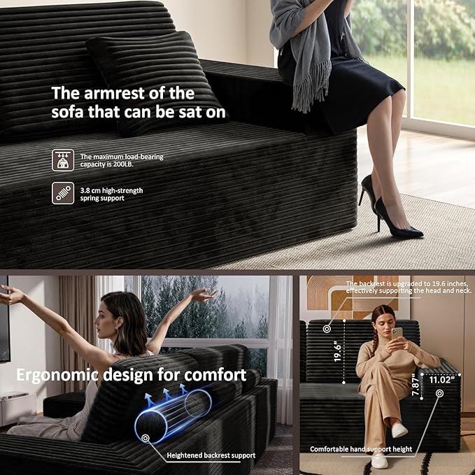 109 L Shaped Cloud Modular Sectional Couch w/Lounge Chaise Plush Corduroy Boneless Couch in a Box Comfy Modern Modular Sectional Sofa for Living Room Bedroom Apartment Corner (Black Left Facing)