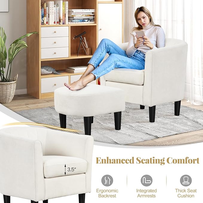 GOFLAME Accent Chair with Ottoman Modern Teddy Velvet Barrel Chair with Footrest Curved Backrest Removable Seat Cushion Upholstered Club Tub Sofa Reading Armchair for Living Room Bedroom Beige