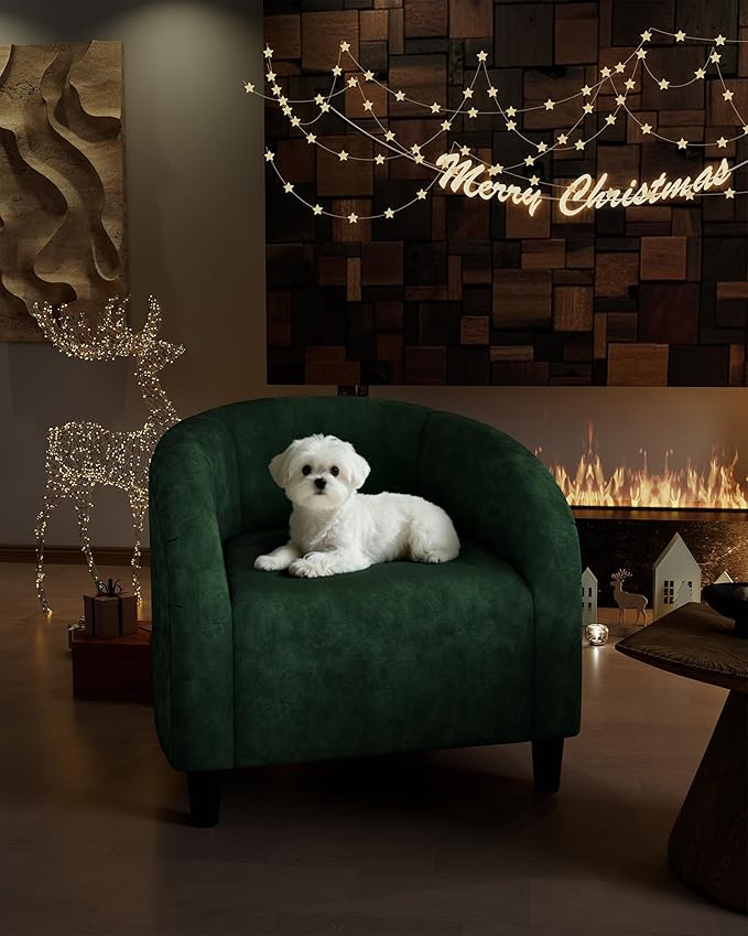 DEXSO Velvet Accent Chair Barrel Club Chair with U-Shaped Backrest &amp Padded Seat - Plush Armchair for Living Room Bedroom Waiting &amp Reception AreasGreen