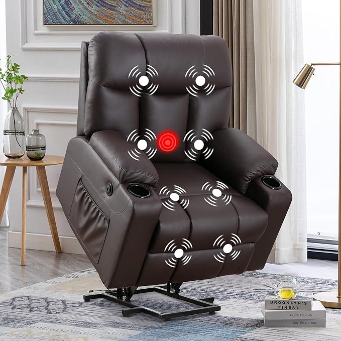 Bonzy Home Lift Recliner Chair for Elderly Oversized Faux Leather Lift Chair with Heat and Massage Extra Wide Single Sofa with 2 Cup Holders Side Pockets USB Port Brown