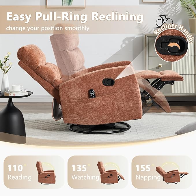 cinkehome Small Swivel Rocker Recliner Chair with Heated Massage Upholstered Nursery Glider Recliner Chair High Back Side Pocket (Orange Chenille Fabric)