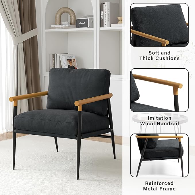 UIXE Metal Armchair Chenille Accent Chair for Living Room Modern Reading Arm Chair with Thicken Cushion - Black Set of 2