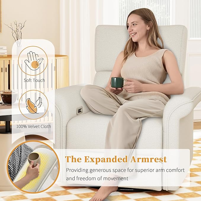 Power Swivel Rocker Recliner Chair for Nursery Upholstered Snowflake Velvet 270°Swivel Glider Rocker Chair with USB Ports Small Power Recliners for Small Spaces Living Room