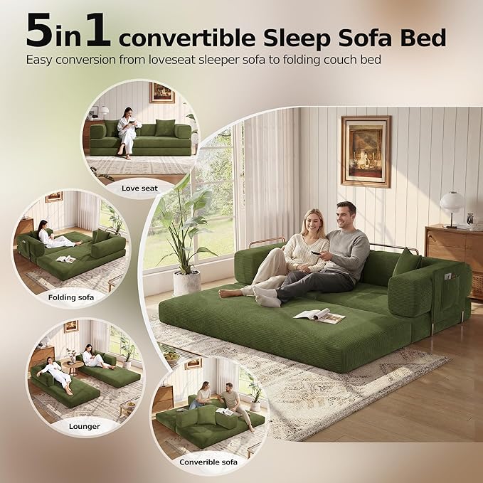 MoonSpeak 78.8''Sleeper Couch Bed for LivingroomConvertible Modular Sofa with Armrest PillowModular Foldable Corduroy Couches in a BoxNo Assembly (Green)