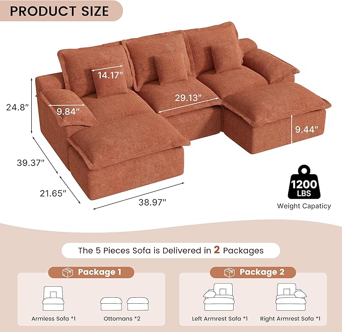 Modular Sectional Sofa 107'' Boneless Couches for Living Room 5-Seat Sofa with 2 Ottomans Cloud U Shaped Couch No Assembly Required Chenille Mahogany