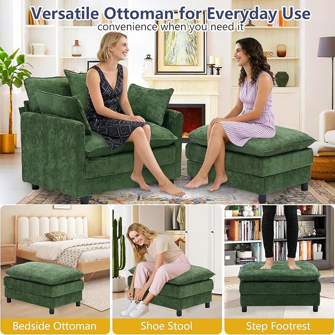 cinkehome Oversized Accent Chair with Ottoman Comfy Upholstered Armchair with Deep Seat Overstuffed Lounge Chair for Living Room Reading Nook (Green Chenille)