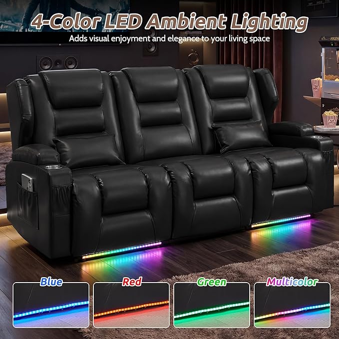 SAMERY Loveseat Recliner Sofa Power Reclining Loveseat Sofa Wall Hugger Recliners RV Couch with Flip-Backrest Solid Wood Top Ambient LED Lights USB-C Outlets Faux Leather Black | Extra Wide Se