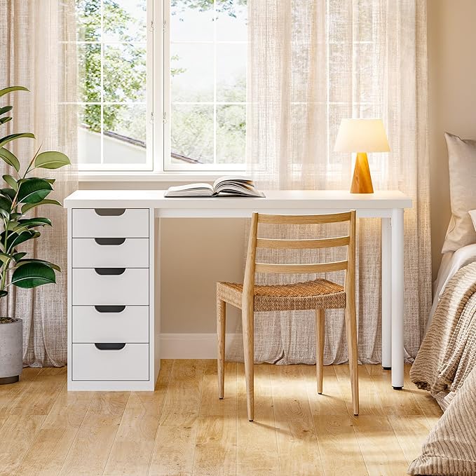 LITTLE TREE Computer Desk with 5 Drawers 47 Inch White Modern Simple Study Writing Desk with Metal Frame Work Desk for Home Office