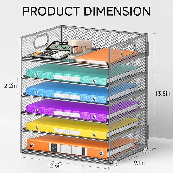 6 Tray Paper Organizer Letter Tray with Handle - Mesh Desk File Folder Holder Paper Sorter for Office Home or School - Silver