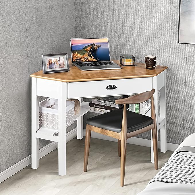 Goplus Topment Corner Desk with a Slide Out Drawer Triangle Home Computer Desk Writing Table with an Open Shelf Freestanding Gaming Desk for Apartment Office Workstation for Dorm Laptop Desk