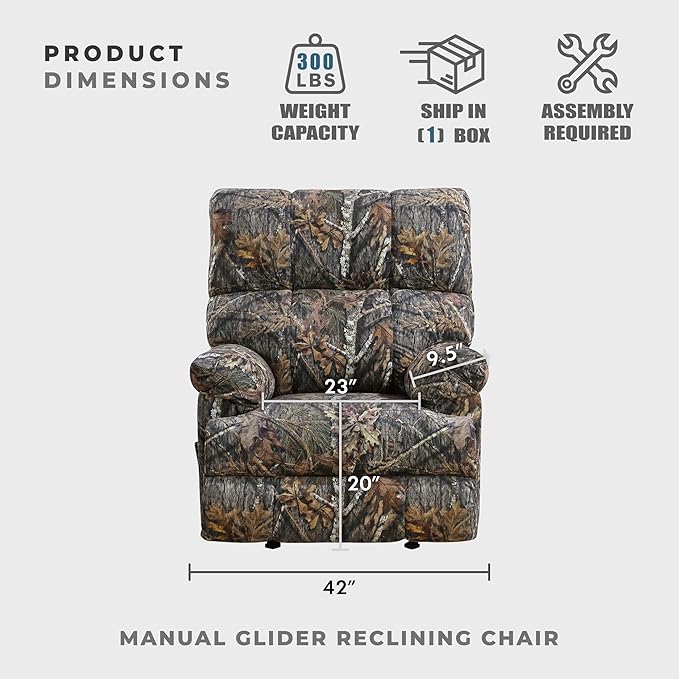 Lexicon Glider Recliner Chair with Lever Handle Textured Microfiber Manual Recliner Plush Stitching Cushion Pillow Top Arms Rustic Armchair for Cabin/Living Room Easy Assembly Camouflage