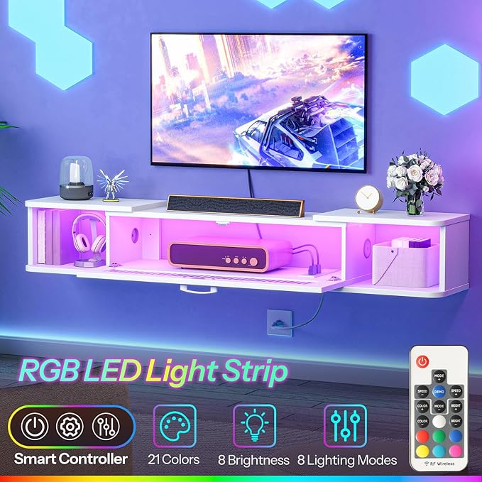 HOOBRO Floating TV Stand with LED Light Power Outlet for up to 65” Wall Mounted TV Shelf Modern Media Console Entertainment Center for Living Room Bedroom White WT34UDDS01G1