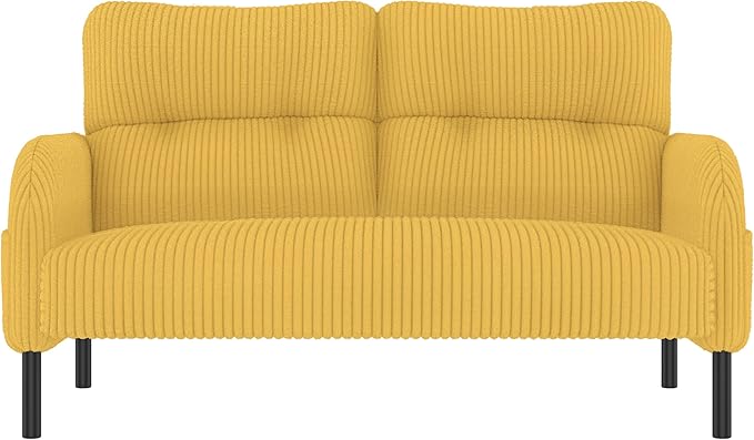 Small Couch Mid Century Modern Loveseat for Small Spaces 2 Seat Corduroy Couches with Side Pockets for Bedroom Living Room Office (Yellow)