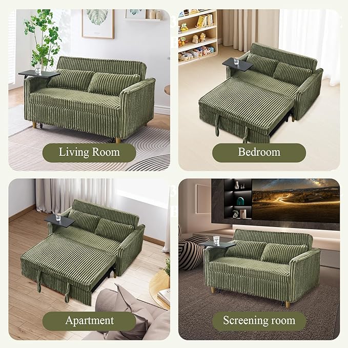 3 in 1 Pull Out CouchCorduroy Upholstered Convertible Sleeper Sofa Bed with Movable Side Table Modern Multifunctional Sofa with USB Port Cushioned Couch for Living Room (Green)