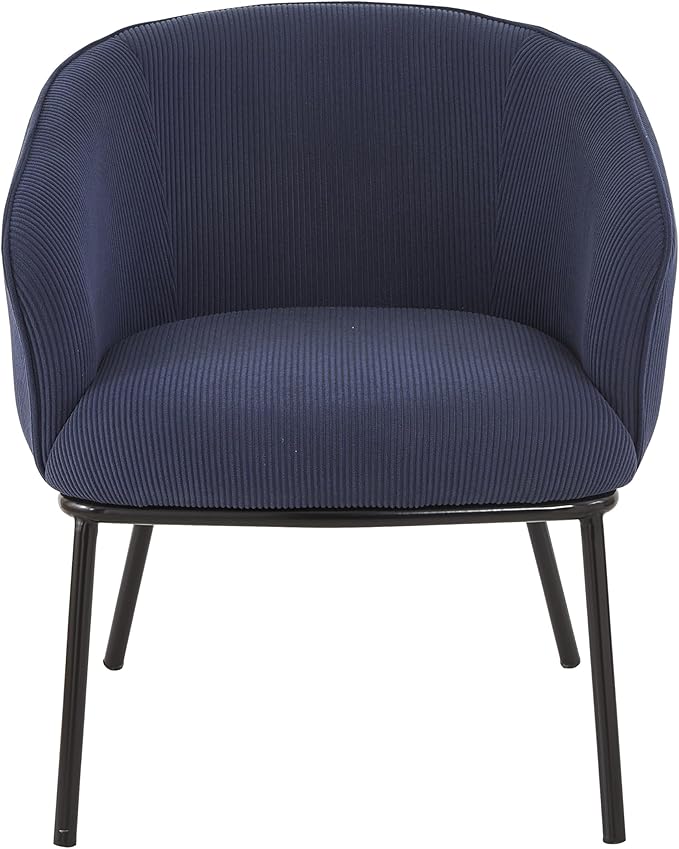 Modern Corduroy Accent Chair with Channel Back Design Black Metal Legs and Soft Upholstery Comfortable Seating for Living Room Bedroom or Office Blue