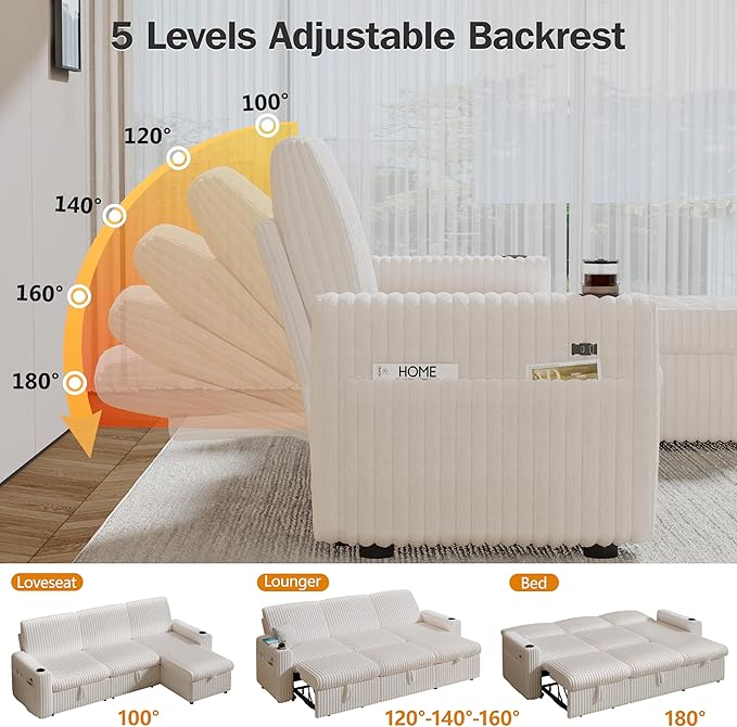 Sunny Heart 101 Plush Corduroy L Shaped Sectional Sleeper Sofa Bed with Pull Out Bed Reclining Backrest Reversible Storage Chaise USB Ports Cup Holders Tool Free Assembly Beige