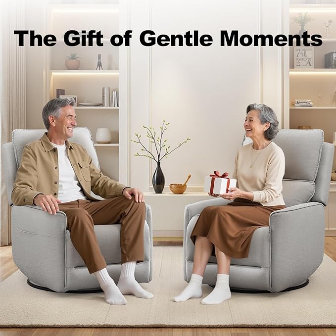 Recliner Chair 360 Swivel Rocker Recliner Chairs for Adults Small Recliners for Small Spaces Upholstered Nursery Chairs with Side Pockets Glider Rocking Chair for Living Room (LightGrey)
