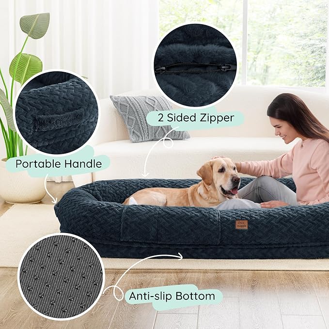 Human Dog Bed for Adult - Luxury Faux Fur Giant Size Dog Bed with Portable Handle Egg Orthopedic Foam with Blanket 72x40x10 Navy