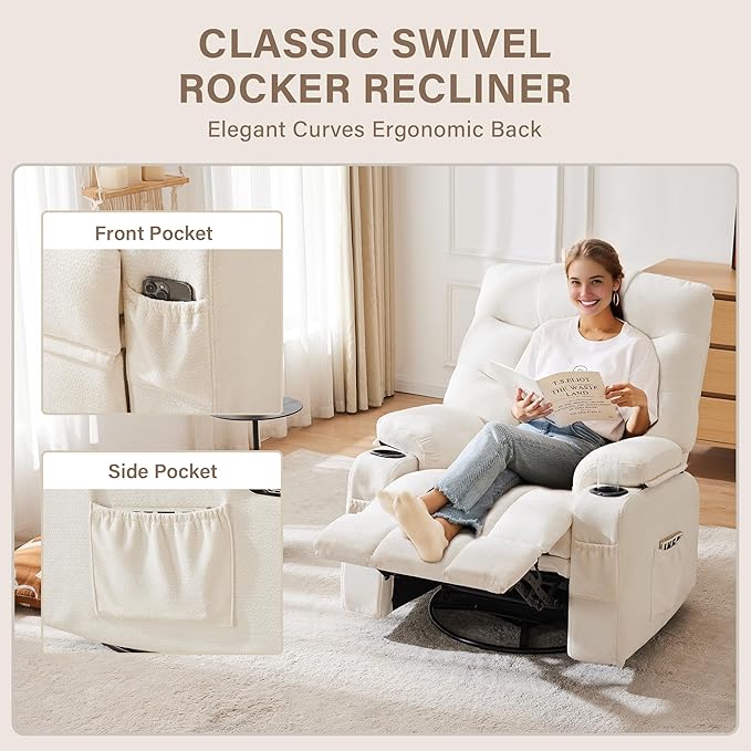 360°Swivel Rocker Recliner ChairRocking Recliner Chair with Adjustable Backrest for AdultsUpholstered Fabric Rocking Chair Swivel for BedroomLiving RoomWhite
