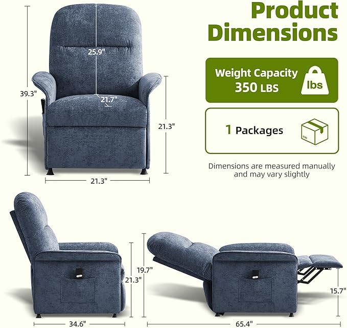 Power Recliner Chair with Remote Control 21 Wide Seat Small Recliners with Side Pocket for Adults Thick Cushions Chair for Living Room &amp Bedroom Blue