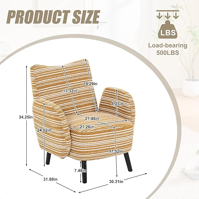 Modern Upholstered Armchair with Side Storage Pocket Fabric Reading Chair with Solid Wood Legs Ergonomic Accent Chair for Living Room Bedroom &amp Office (Yellow)