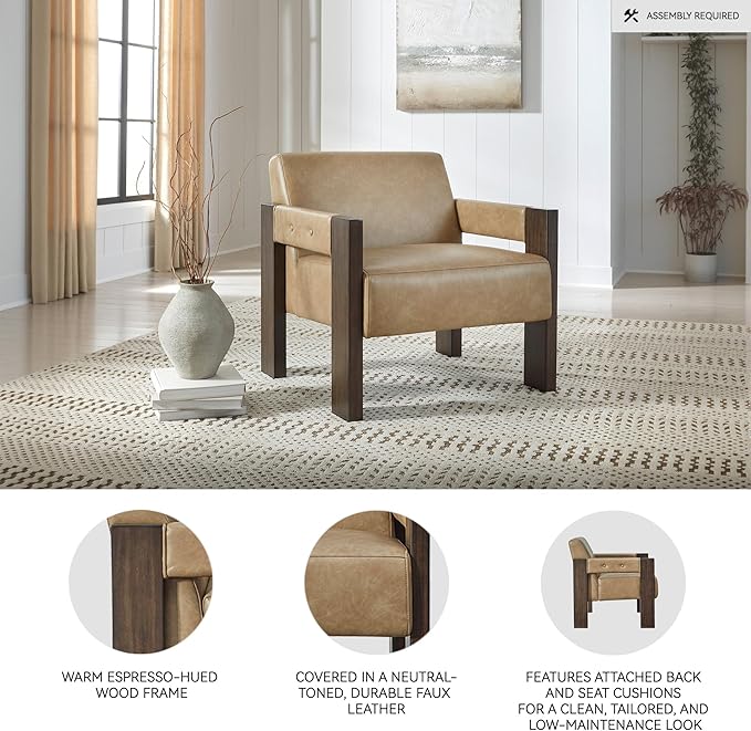 Signature Design by Ashley Adlanlock Contemporary Faux Leather Upholstered Solid Wood Accent Chair Light Brown &amp Dark Brown