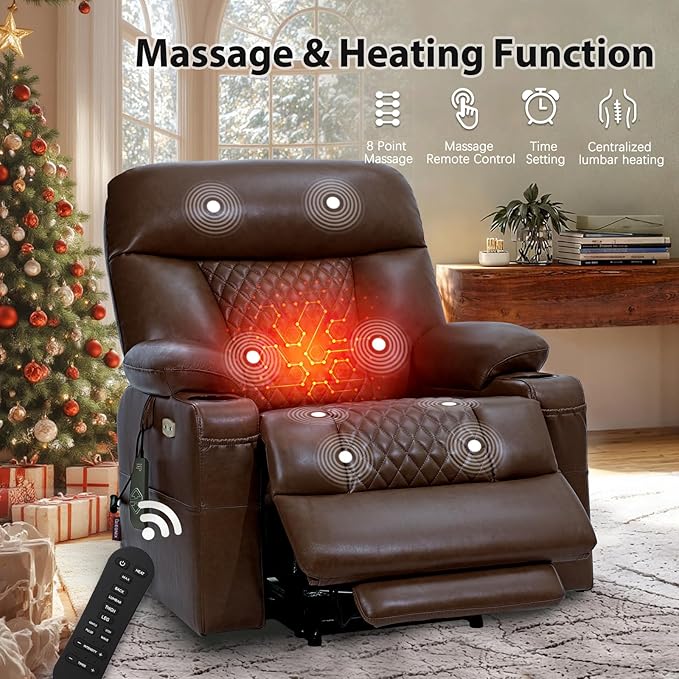 EONIX Wide Single Motor Power Lift Recliner Chair for Elderly 400lbs Heavy Duty Oversized Lift Chair with Heat and Massage Lift Recliner Chair Dark Brown