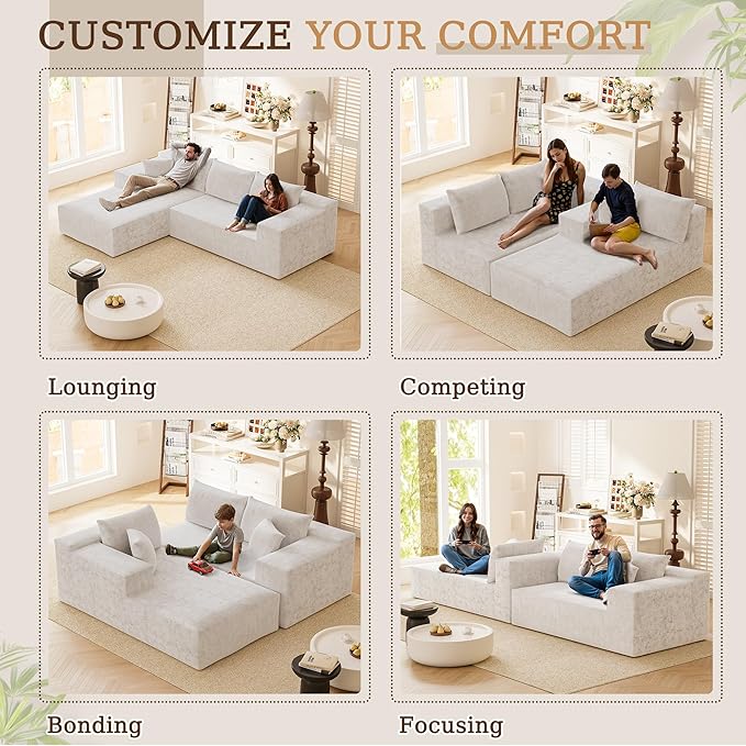 YESHOMY Boneless Couches for Living Room 108 Sectional Modular Sectional Sofa with Deep Seat Cloud Comfy Couch with L-Shape Chaise Easy Assembly (Chenille Pearl Cream)