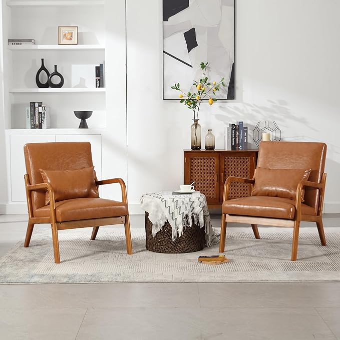 Modern Accent Chair Solid Wood Padding Lounge Armchairs with One Pillow for Living Room Bedroom Guest Room (Light Brown PU)