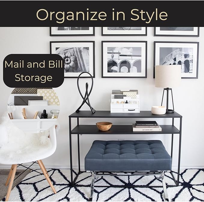 BLU MONACO | White Desktop Organizer with Drawer Storage | Tabletop Organizer with Drawers for Paper Bills Mail | Wooden Mail Organizer for Countertop Workspace | with Drawer Bill