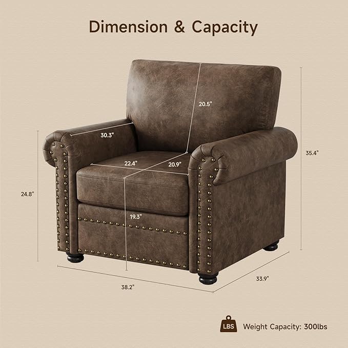 ONBRILL Nailhead Trim Accent Chair Faux Leather Club Chair for Living Room Comfy Armchair with Springs Cushions &amp Solid Wood Legs Traditional Rolled Arms Single Sofa for Bedroom Apartment Bro