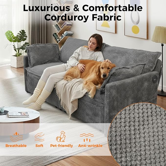 King Size Pull Out Sleeper Sofa Bed Convertible Corduroy Futon Couch with USB Ports &amp Storage Pockets Large Upholstered Loveseat Guest Bed for Living Room Grey