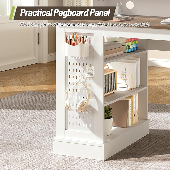 55inch Farmhouse Executive Desk with 2 Drawers and File Cabinet Computer Desk with 3-Tier Storage Shelves Home Office Desk with Charging Station Pegboard and Monitor Shelf White and Walnut