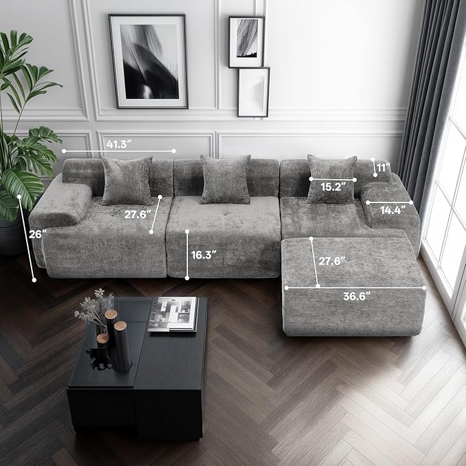 119’’ Modular Sectional Sofa Cloud Sectional Couch with Deep Seat Modern Modular Compression Sofa Couch with Chaise Upholstered Couches Throw Pillows for Living Room Bedroom Grey