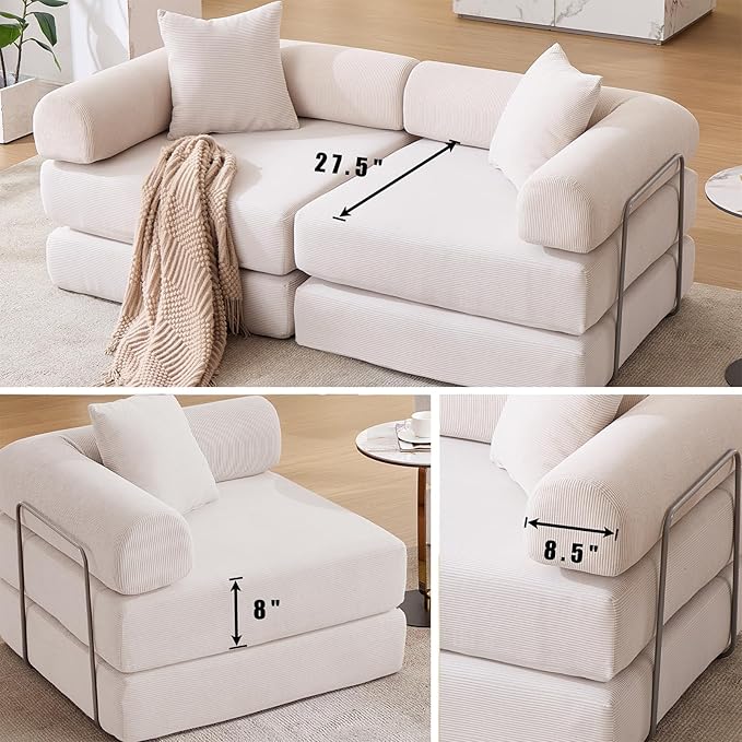 Convertible Modular Couch Sofa Bed 4 in 1 Sleeper Floor Sofa with Folding Mattress Corduroy Fold Out Boneless Couch Bed with 2 Pillows Comfy Foldable Lounge for Living Room Bedroom Beige