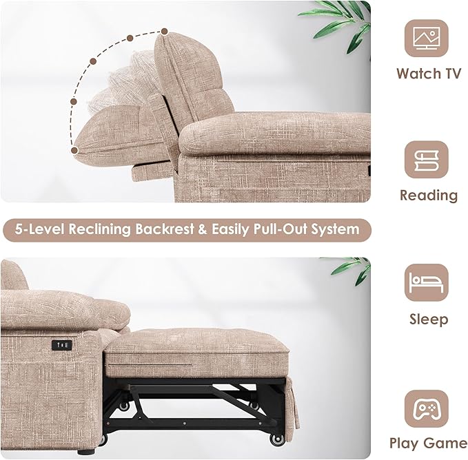 Keyluv 59” Loveseat Sleeper Sofa with USB Ports &amp Side Pockets 3 in 1 Convertible Sofa Bed for Living Room/RVs/Camper Pull Out Couch with Adjustable Backrest Chenille Khaki