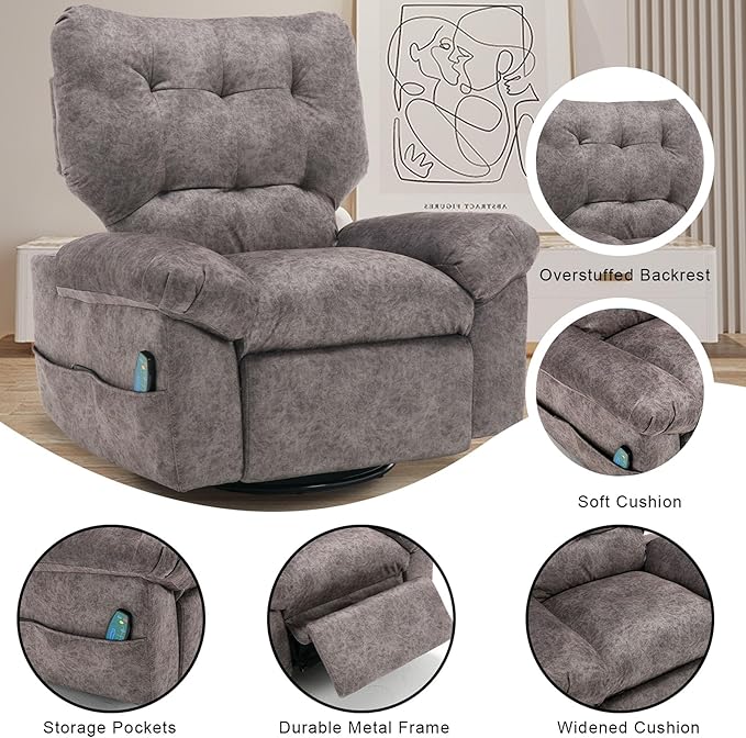 Rocker Recliner Chair for Adults Soft Lazy Boy Recliner Chair with Heat&amp Adjustable Backrest Footrest Oversized Massage Recliner Chair with Swivel and Side Pocket for Living Room Bedroom (Grey)