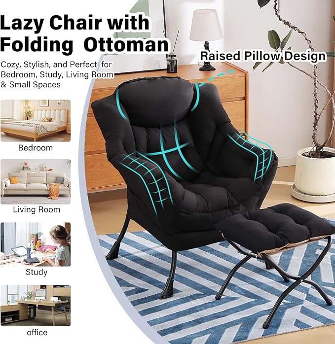Lazy Chair with Ottoman Modern Accent Chair with Armrests and a Side Pocket Black Accent Chairs Reading Chairs Oversized Armchairs for Bedroom Study Living Room Courtyard