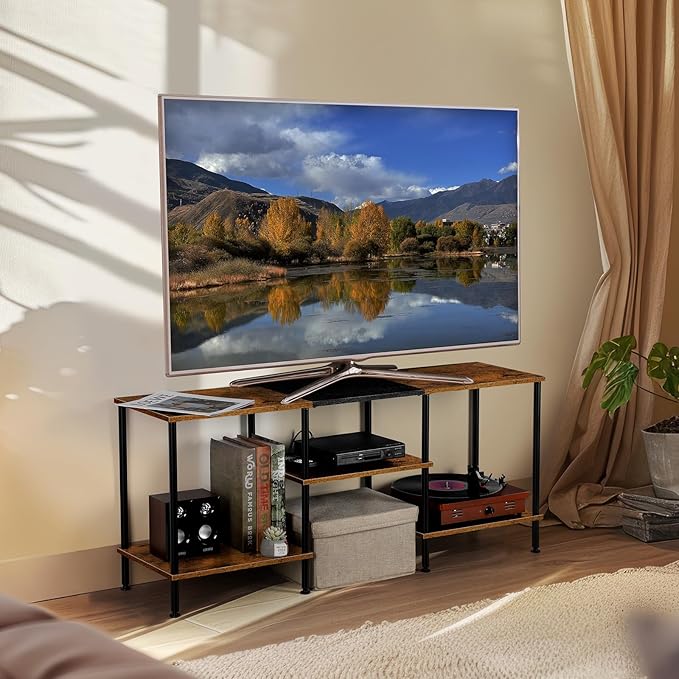 TV Stand for Bedroom 50 Inch TV Stand with Power Outlet 3 Tier Entertainment Center with Storage TV Console Table for 50 43 40 32 Inch TV Rustic Brown