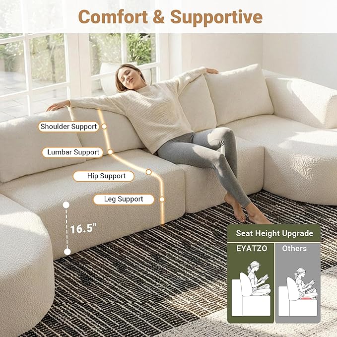 144 Modular Sectional Sofa No Assembly Required U-Shaped Cloud Couch with Chaise Modern Curved Boneless Sofa in Luxurious Boucle Fabric Deep Seats Memory Foam (White) | Zero-Assembly Design Clou