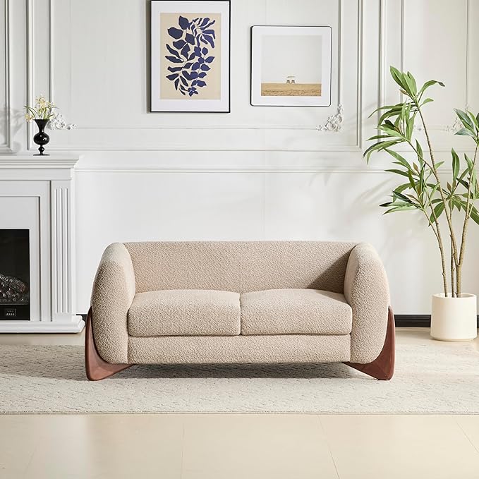 Merax 63 Inch Modern Boucle Upholstered 2-Seater Sofa Chenille Fabric Loveseat with Solid Wood Legs Low Profile Small Couch for Living Room Almond