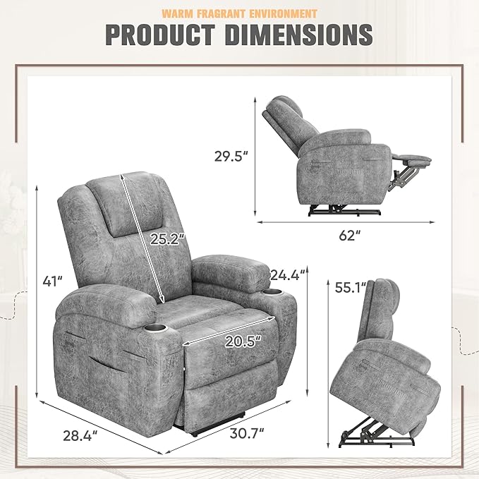 Flamaker Power Lift Recliner Chair Electric Lift Recliner for Elderly Power Lift Recliner Chair with Cup Holders Side Pockets for Living Room (Leathaire Light Gray)