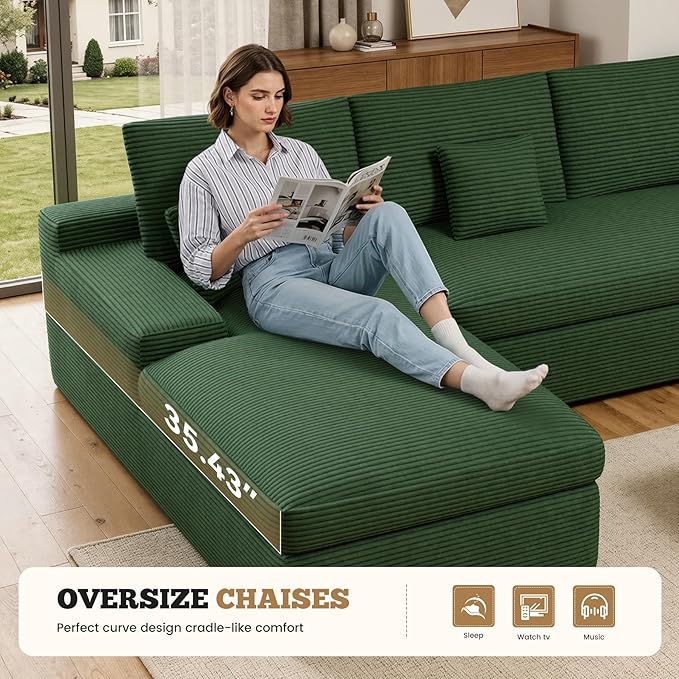 112 Modular Sectional Sofa for Living Room Convertible L-Shape Couch with OttomanCloud Boneless Couch with Layered CushionGreen Corduroy